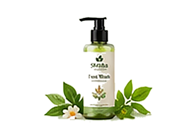 Herbal Face Wash bottle with fresh neem and tulsi leaves
