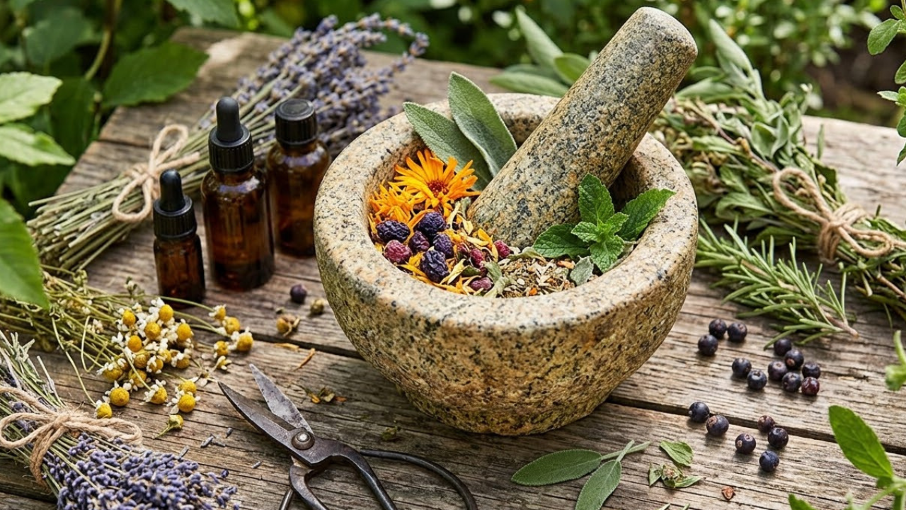 Herbal preparation in wooden pestle and mortar
