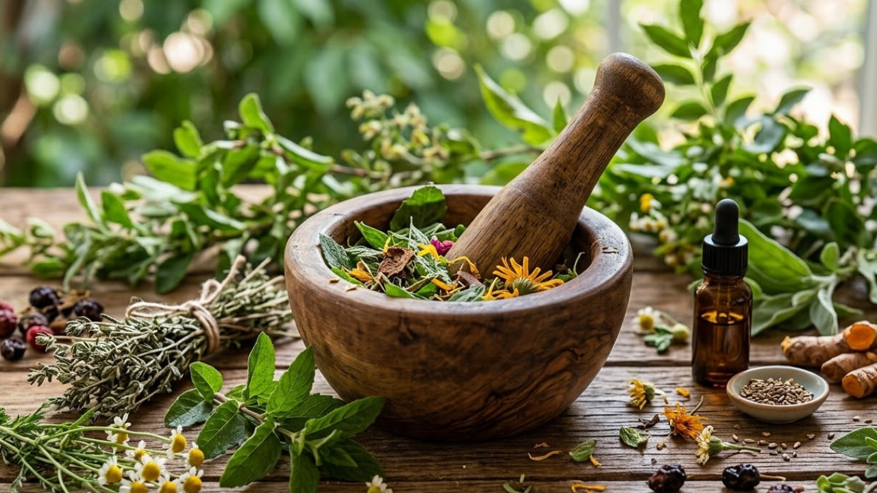 Wooden pestle and mortar filled with Ayurvedic healing herbs and floral extracts