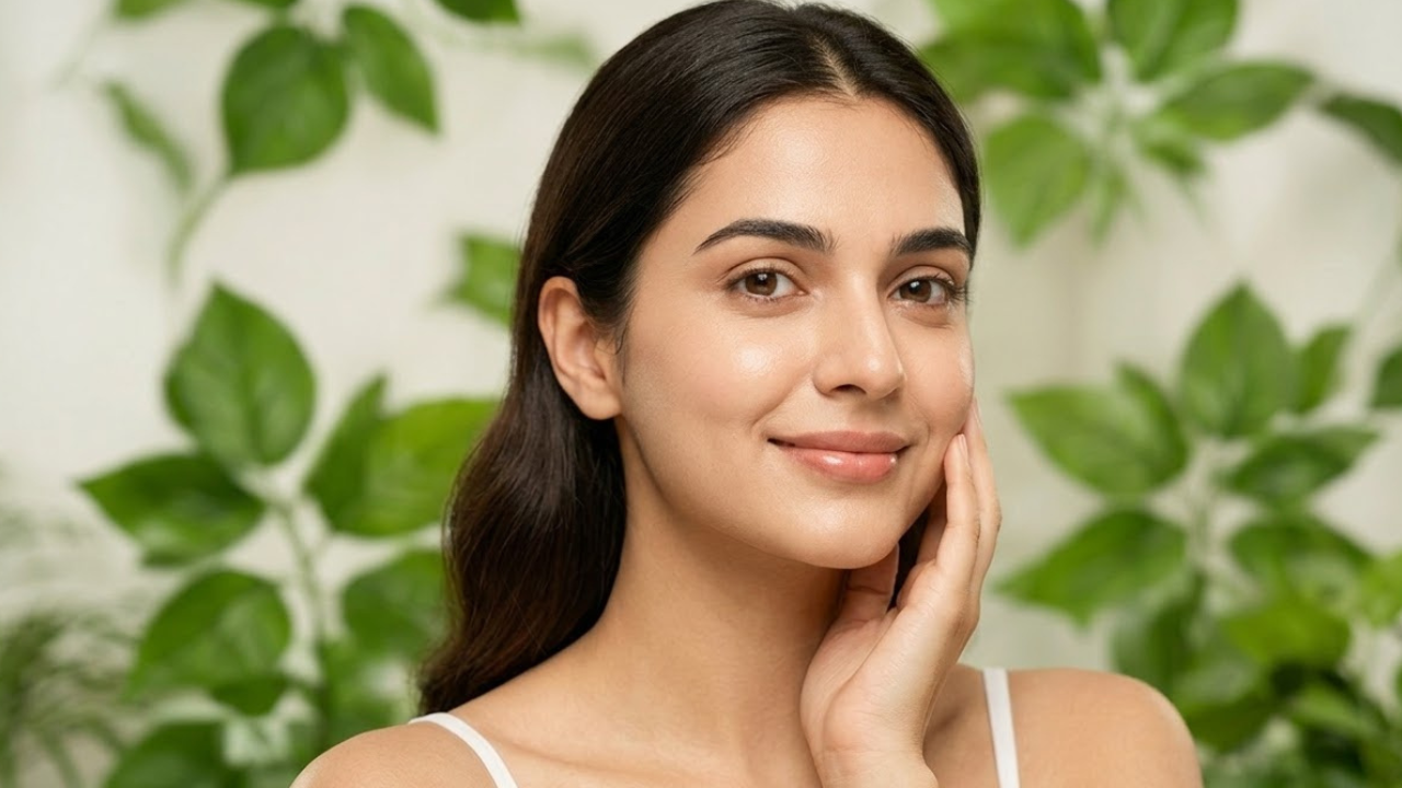 Glowing Indian woman with pure natural healthy skin surrounded by herbal green leaves